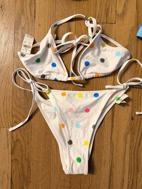 aerie White Bikini with Multicolor Polka Dots